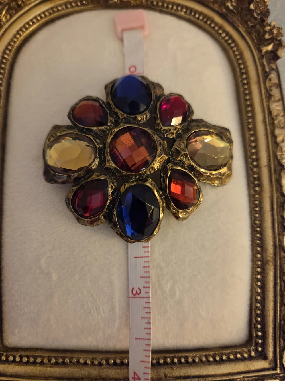 Genuine Vintage Gold-Tone Brooch/pin with Blue, Red, and Amber Glass Stone Inlay